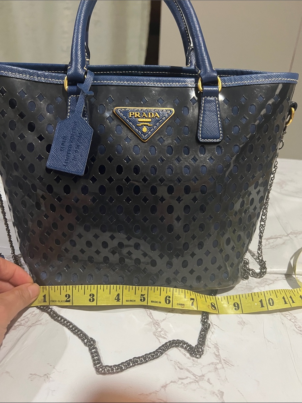 Prada Navy Perforated Patent Leather Shoulder Tote with Chain Strap - Picture 9 of 10